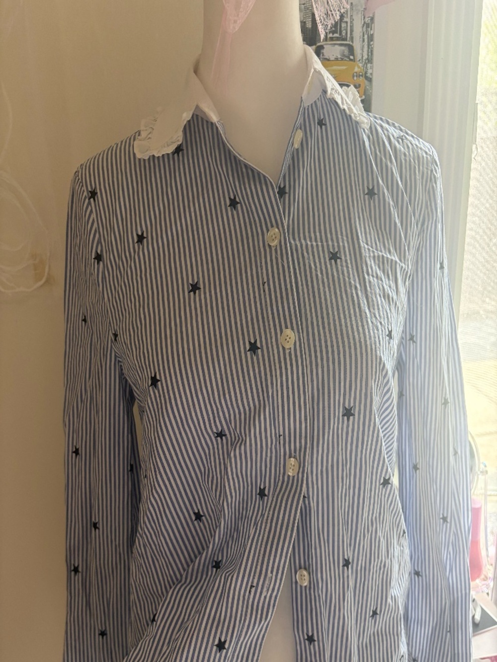 Broome Street by Kate Spade New York Star Striped Blouse w/ Ruffle Trim XXS A07